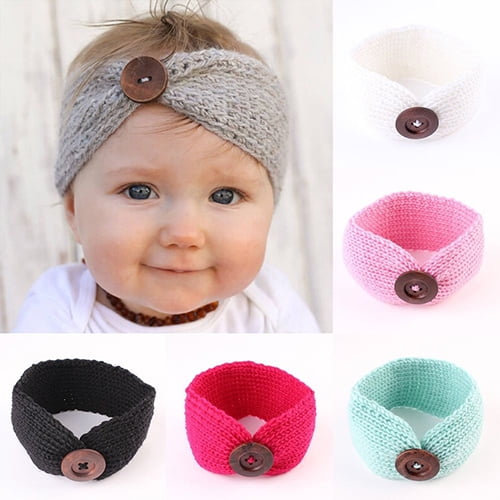 Newborn Headband Baby Girl Boy Toddler Crochet Knit Button Hair Band Accs